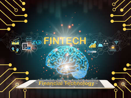 Brain modern technology machine learning on computer tablet with fintech theme background....