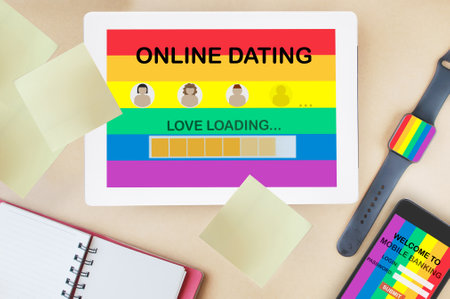 LGBTQ online dating and financial technology concept and digital transformation idea . Online dating application on computer digital tablet screen and mobile banking fintech on smart phone on colorful rainbow background.の写真素材