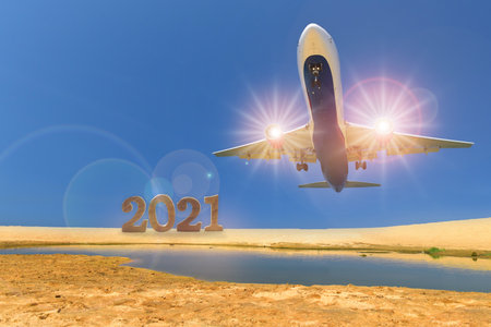 New year 2021 and commercial plane on tropical beach and blue sky background, happiness holiday travel concept and business transportation ideaの写真素材