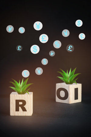 Growing return on investment or roi plant on wooden cubes with currency symbol on black background. Forex exchange concepts and business success ideaの写真素材
