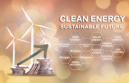 Clean energy concept to sustainable future concept and alternative energy economic growth idea. Wind turbine and arrow upwards on stack of coins with clean energy theme on abstract backgroundの写真素材
