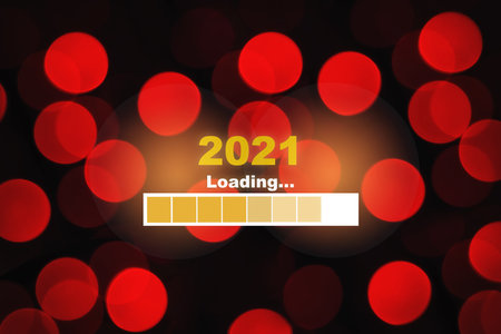 Year 2021 loading on red abstract bokeh blurred background, Happiness new year concept and...