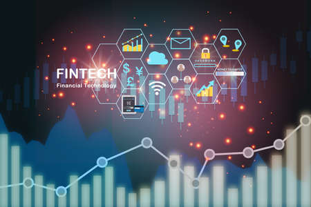 Financial technology or fintech icon on abstract with growth graph background. Investment technology concept and business digital trading ideaの写真素材
