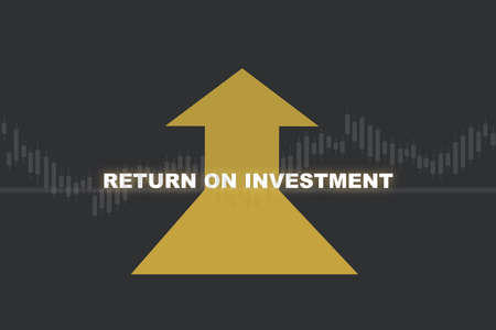 Return on investment roi and growth graph with yellow arrow on grey background. Business direction to success concept and trading challenge ideaの写真素材