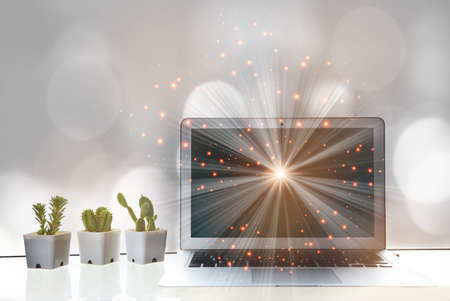 Computer laptop with shining ray on screen with cactus and succulents plant on the table. smart technology ideaの写真素材