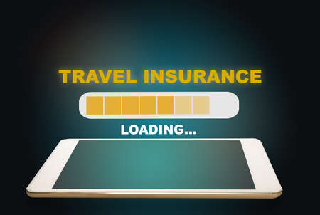 Online travel insurance loading on computer digital tablet on abstract background. Time to travel concept and business recovery idea. 3d illustration and 3d renderingの写真素材