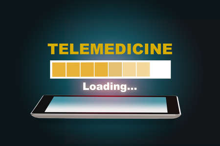 Telemedicine loading on smartphone on abstract background. Innovation cyber technology online concept and protection with distance communication ideaの写真素材