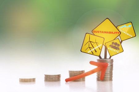 Environment, society and economics written on yellow sign on stack of coins with red arrow upwards...
