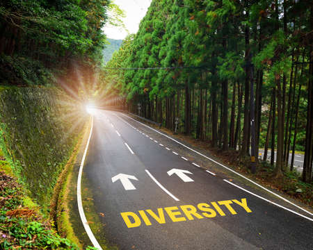 Diversity and arrow marking on highway road and white marking lines in the forest. Opportunity and decision concept and success with direction ideaの写真素材