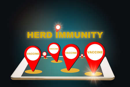 Vaccine pins icon on computer digital tablet on green color background. Herd immunity large portion...