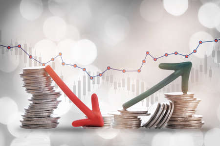 Financial depressing and growth graph stock trading on bokeh background. Economic recession and recovery concept and return on investment roi ideaの写真素材