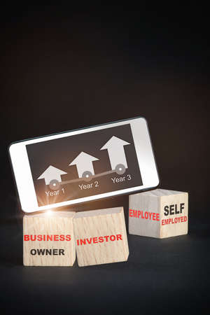Business owner, investor, self employed and employee written on wooden cubes on black background....