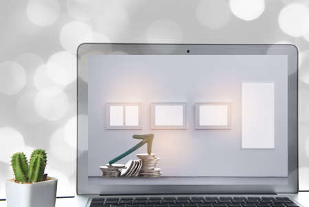 Blank frame on computer laptop screen on bokeh background. NFT or Non- Fungible Token concept and metaverse future making money ideaの写真素材