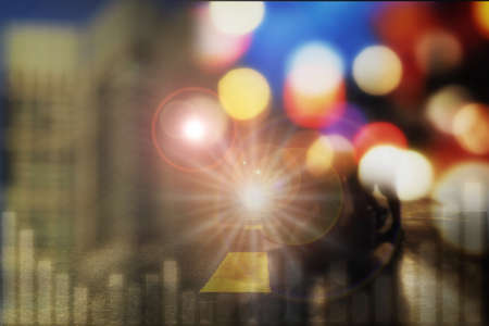 Abstract metaverse city life with graph on road background. Future with technology concept and virtual reality ideaの写真素材