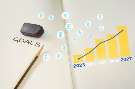 Year 2023 to 2027 with growth graph and currency symbol written on book with pencil and eraser. Making money with planning concept and Startup business goals success ideaの写真素材