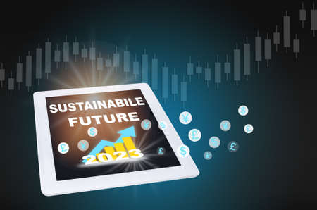 2023 Sustainable future and growth graph on computer tablet. Sustainability concept and success ideaの写真素材