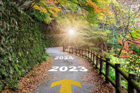 2023 to 2024 new year with arrow on beautiful walkway on the mountain with maple tree. Business goals concept and future ahead ideaの写真素材