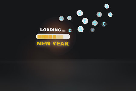 Loading new year happiness with currency symbol on black background. Business success with earning concept and start up ideaの写真素材