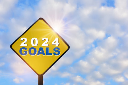 New year 2024 goals on yellow sign on beautiful blue sky with fluffy cloud background. Leadership concept and think different ideaの写真素材