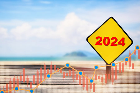 New year 2024 written on yellow sign with growth graph. Sustrainable future concept and recovery...
