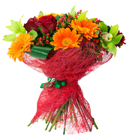 Bouquet of flowers in pink package isolated on whiteの写真素材