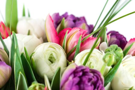 closeup of beautiful delicate bouquet with peony, tulip, buttercupの写真素材
