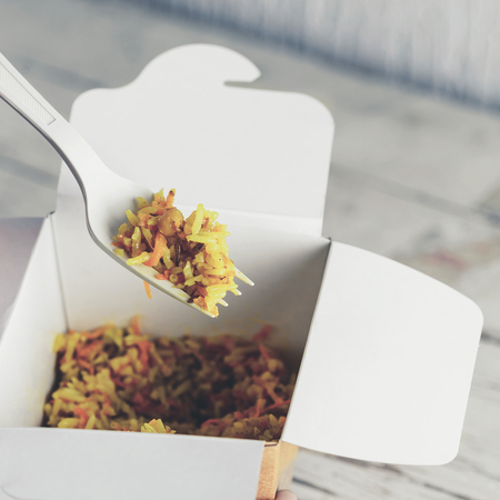 Process of eating Traditional Middle Eastern dish of riceの写真素材