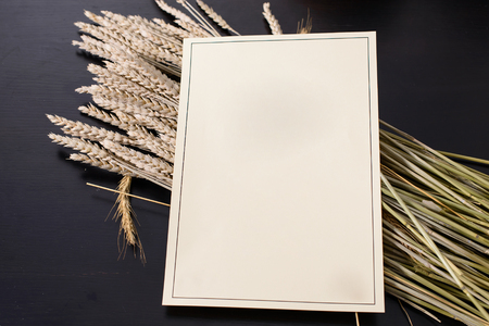 wheat and empty paper with copyspace for text on dark backgroundの写真素材