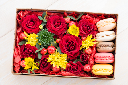 fresh flower in box and macaroonの写真素材