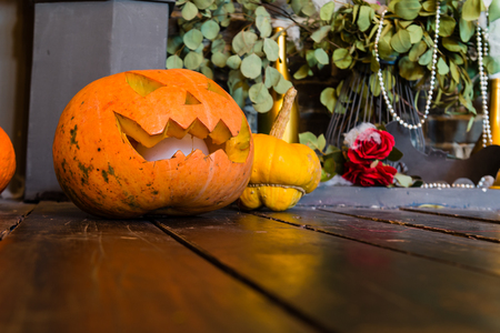 Halloween pumpkin head jack lantern on dark wooden background, cの写真素材