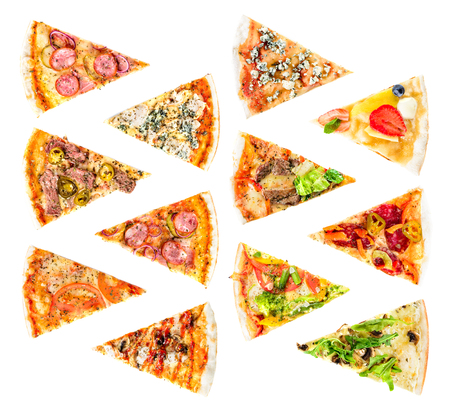 set of Different slices of pizza isolated on white. Delicious frの写真素材