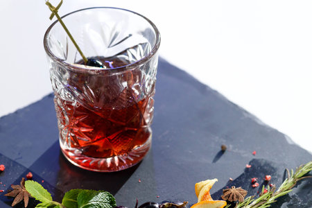 Close-up of classic alcoholic Godfather cocktail in rocks glassの写真素材