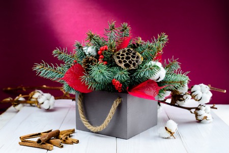 Merry Christmas and Happy New Year Composition with gray box wiの写真素材