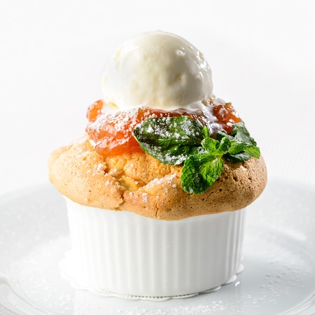 Sweet delicious cake with with ice creamの写真素材