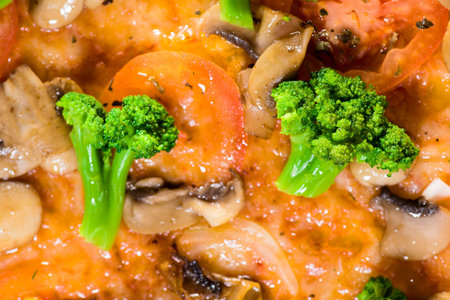 Juicy beautiful food background with brocolli, bacon and mushrooの写真素材