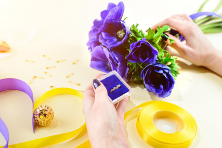 Concept of preparation woman for the holiday or wedding. Blue fl
