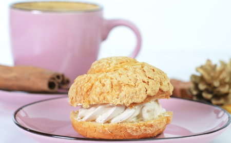 Freshly baked sweet delicious cream cookie in a plate, selective