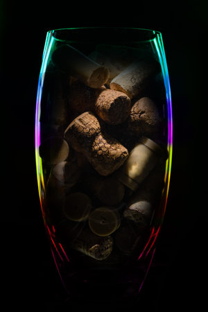 Crystal glass vase with stoppers from wine bottles on a dark bac