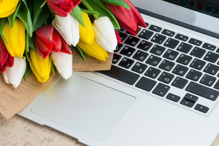 tulips on a laptopの写真素材