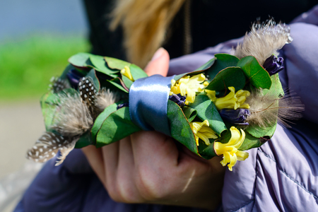 creative tie a butterfly in the hands of the groom, decoration for weddingの写真素材