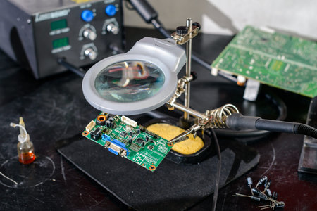 Repair shop of electronic equipment, soldering station, magnifier and third hand