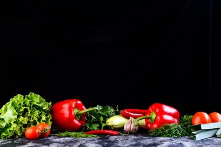 fresh vegetables and black background mockup for copy spaceの写真素材