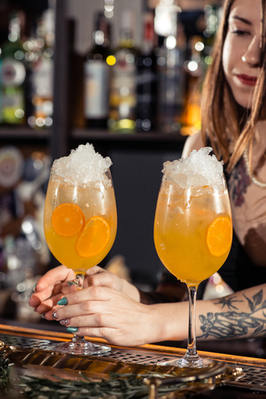 Cocktail bars, bartender making a cocktail February 6th Bartender's Day Minsk, toned, Belarus, 2019のeditorial素材