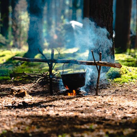 Campfire Cooking - Local Tourism, fire in the woods on which is brewed potの写真素材