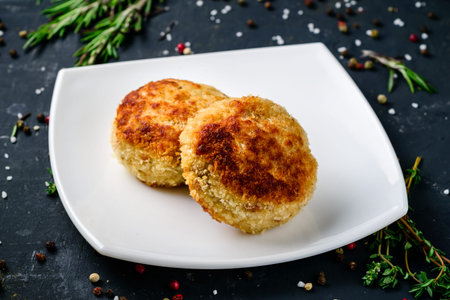 Homemade beef cutlets on rustic backgroundの写真素材