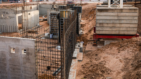 formwork for the concrete foundation, building site, horizontal, outdoorsの写真素材