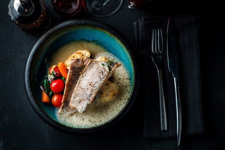 Pike perch fillet with vegetables in a restaurant top view, flat lay