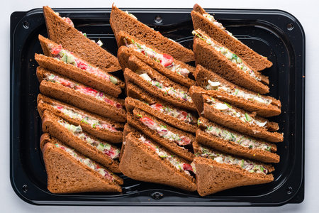 assorted platter of sandwiches with meat and vegetables, catering sandwiches on a tray isolated on...