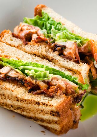closeup fresh and delicious classic club sandwich, grilled sandwich closeup layersの写真素材