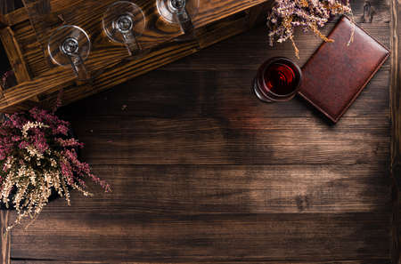 brown wooden background with Copy space Provence Lavender on brown aged wooden table, top view, rustic country style.の写真素材